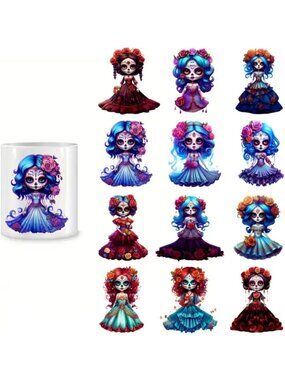 Mexican Sugar Skull UV DTF Waterproof Tumbler Stickers 4 Sheets 12 Total Decals